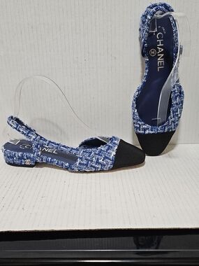 Chanel Slingback Blue Tweed Flats Black Cap Toe New Without Box Sz 36C Shoes
